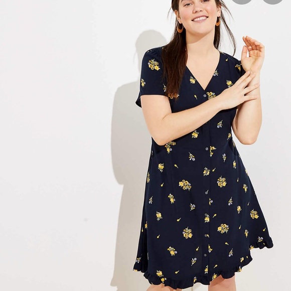 NWT Navy Floral Button Down Flare Dress - Picture 1 of 8